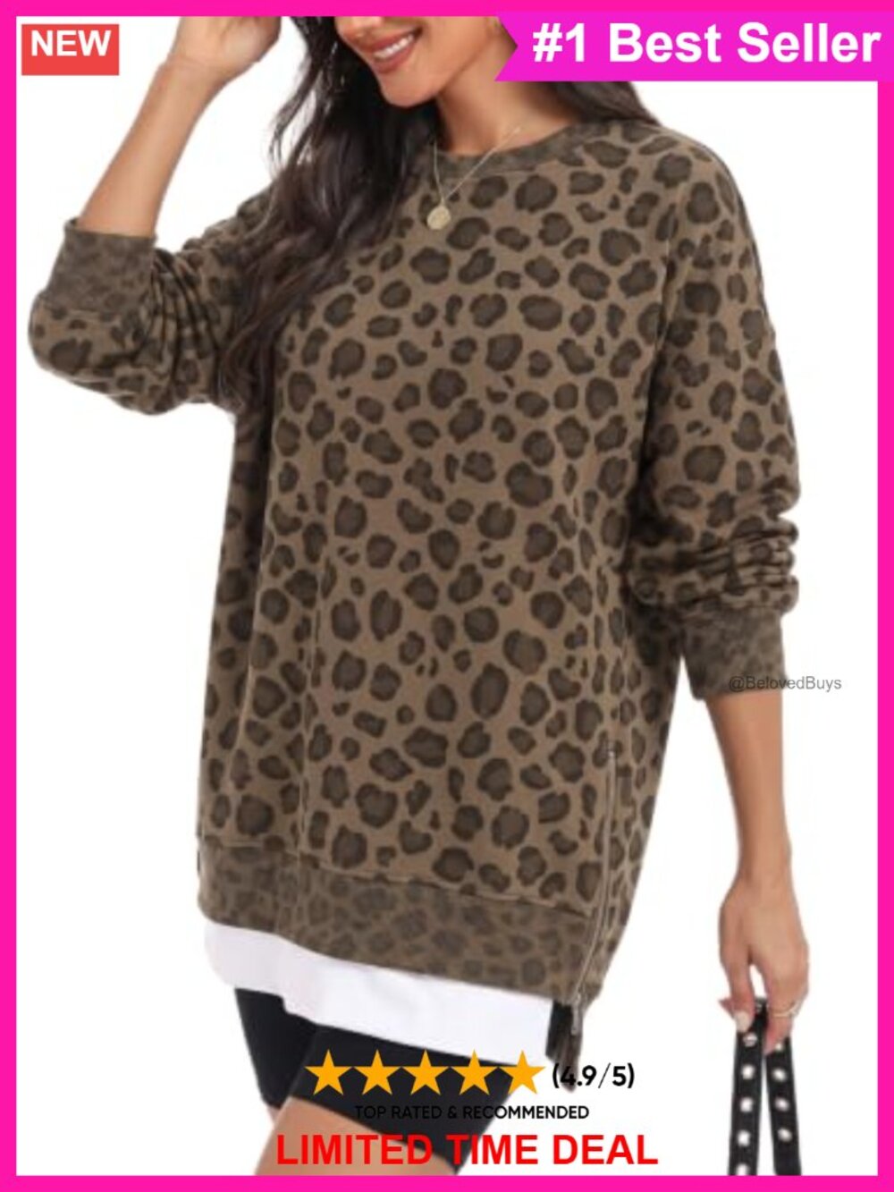Women Oversized Fleece Crewneck Sweatshirt Tunic Pullover Side Zip Hem